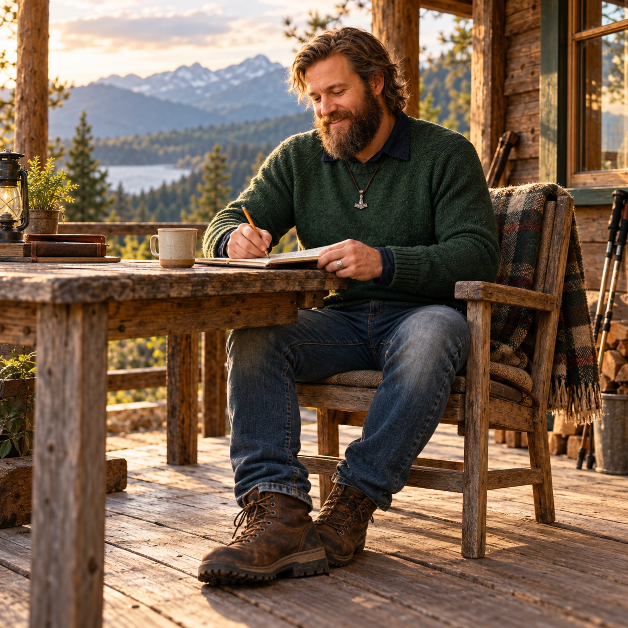 Úlfarr, our fictional brand character, writing in a notebook at a wooden table