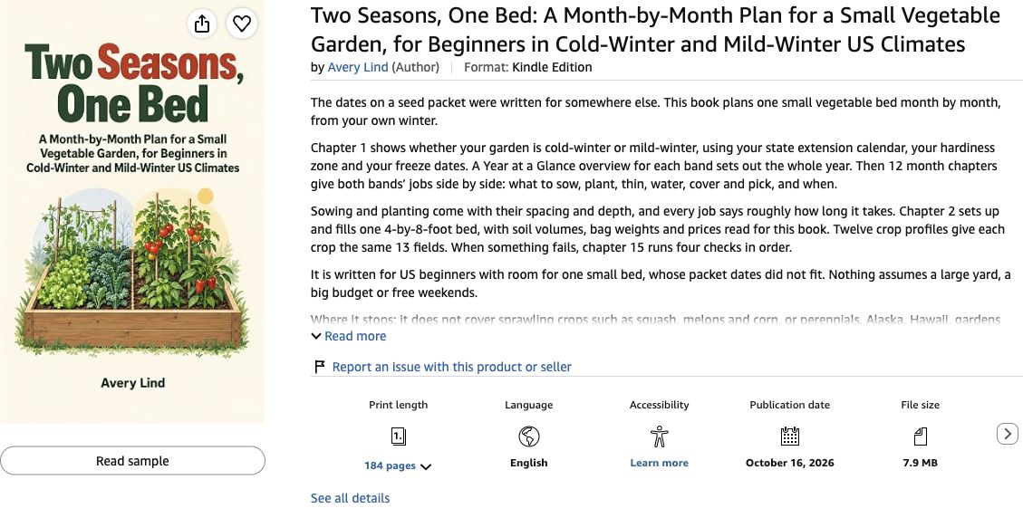 Public Amazon Kindle listing showing Two Seasons, One Bed, Avery Lind and the publication date of October 16, 2026